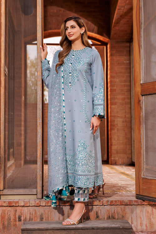 Farasha | Dastoor Embroidered Lawn SS24 | BERYL GREY - Waniyas